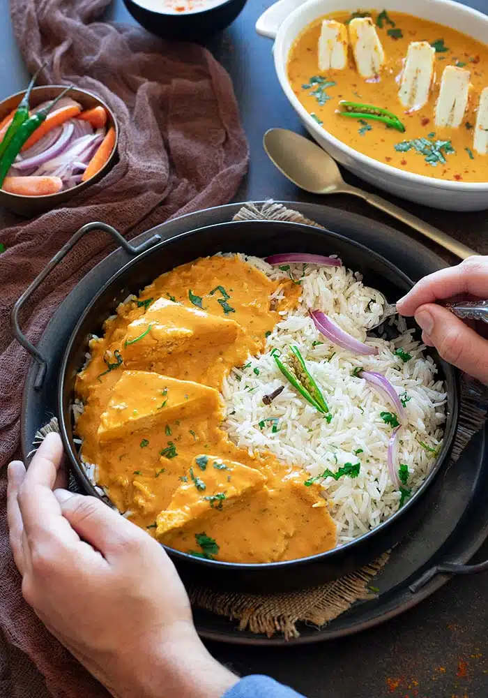 Paneer Pasanda with rice and chilies