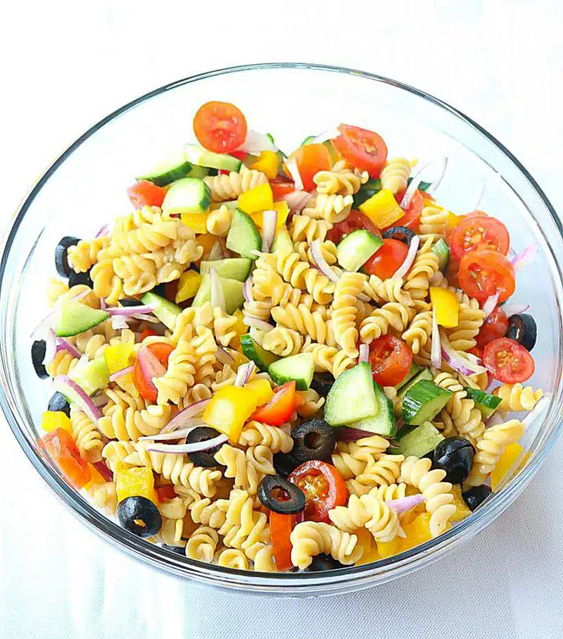 Healthy Pasta Salad ingredients in a bowl