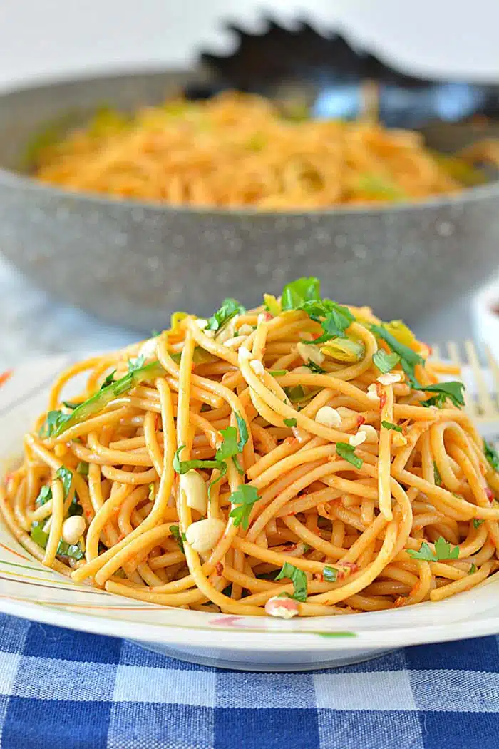 Spicy peanut noodles on a plate