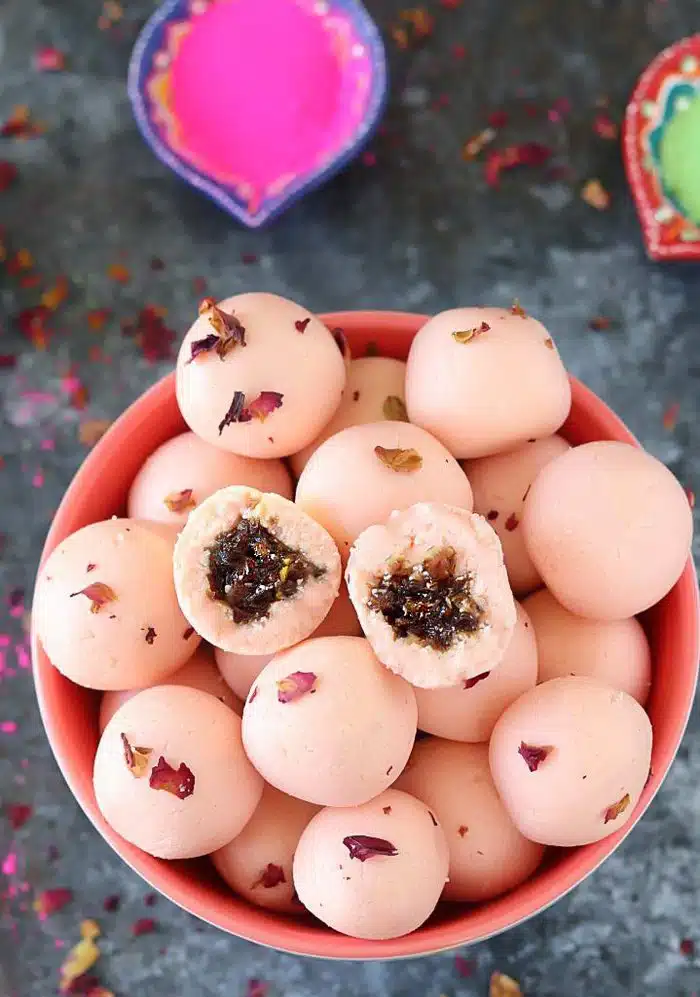 Cut in half Gulkand Filled Rose Ladoo