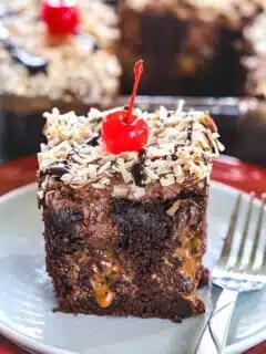 Vegan chocolate poke cake with Dulce-de-leche oozing out