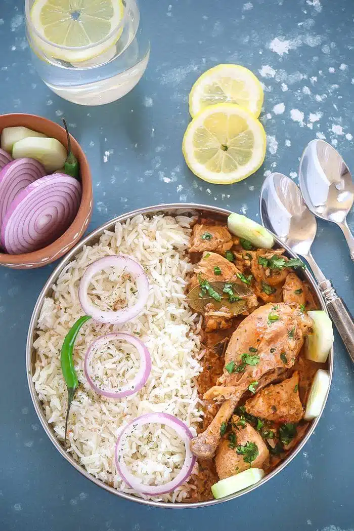 Instant Pot Indian Chicken Curry  served with Rice and Salad