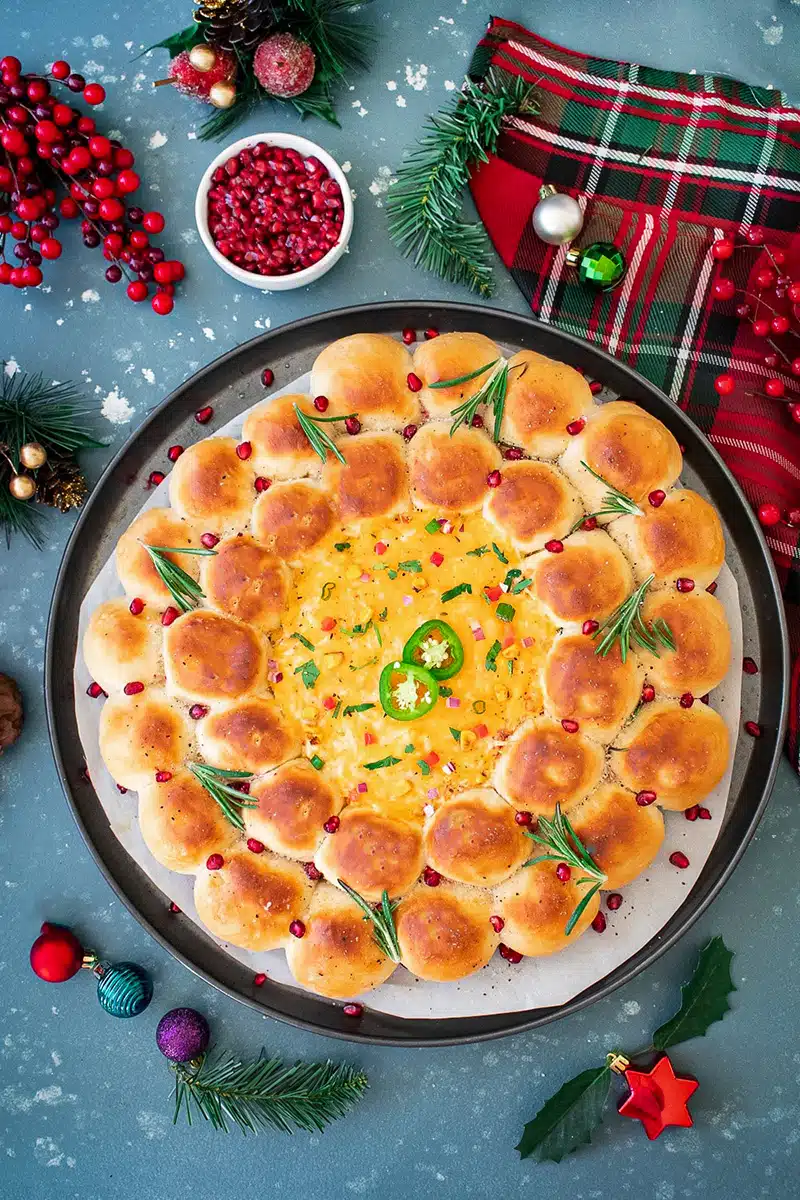Baked Holiday Wreath Bread with corn dip in the center