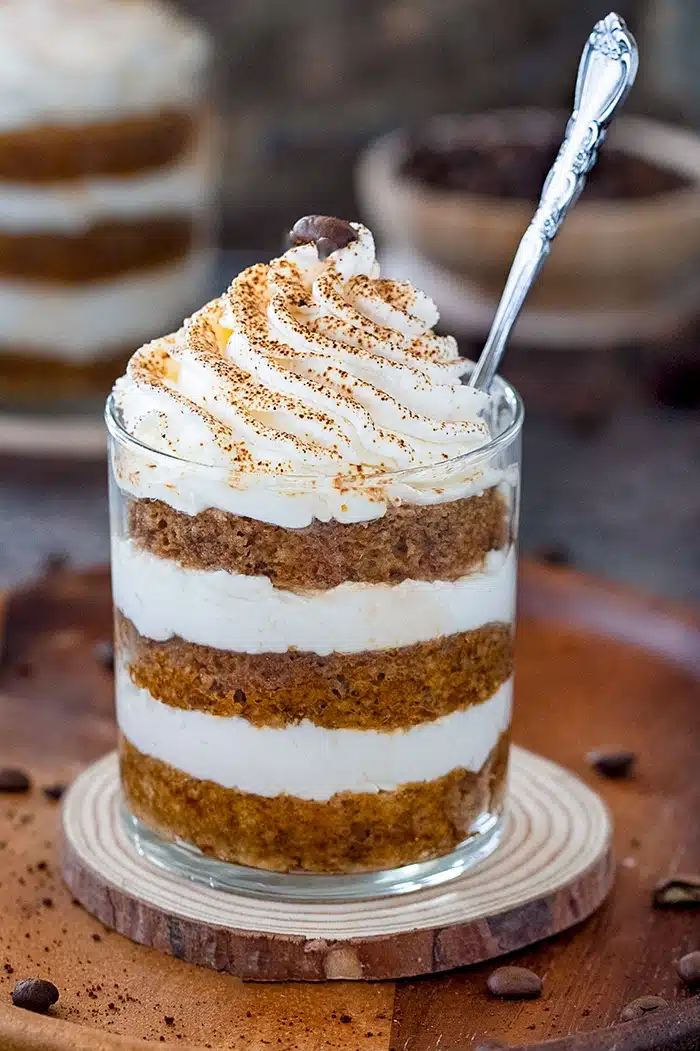 Eggless Tiramisu Trifle Cups with spoon