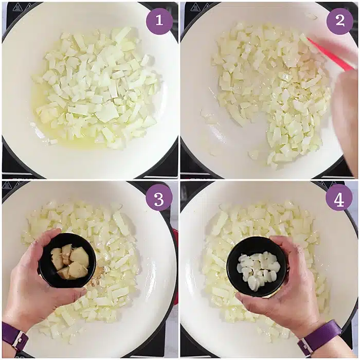 Saute onion, garlic, and ginger