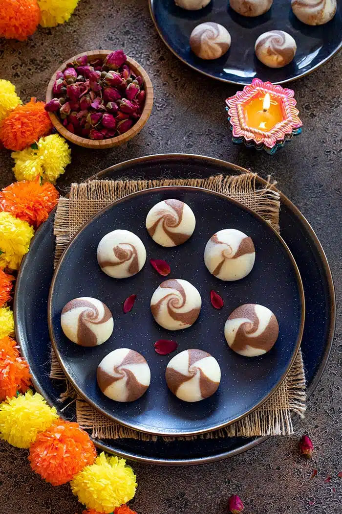Chocolate milk powder peda in a plate
