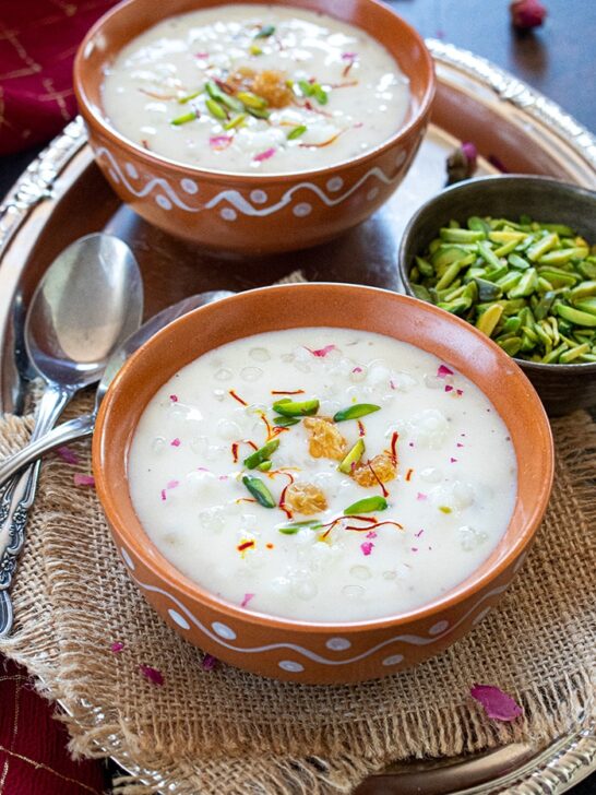Instant Pot Sabudana Kheer in a bowl garnished with saffron