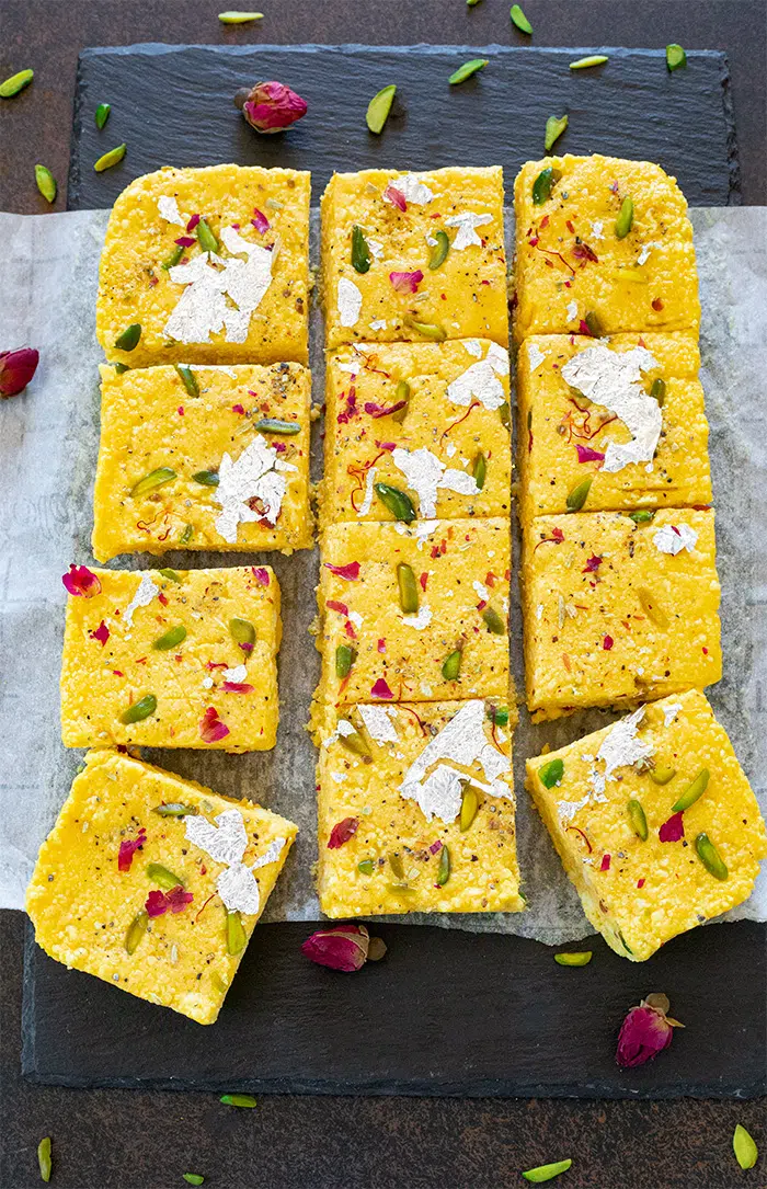 Mango Kalakand cut in squares