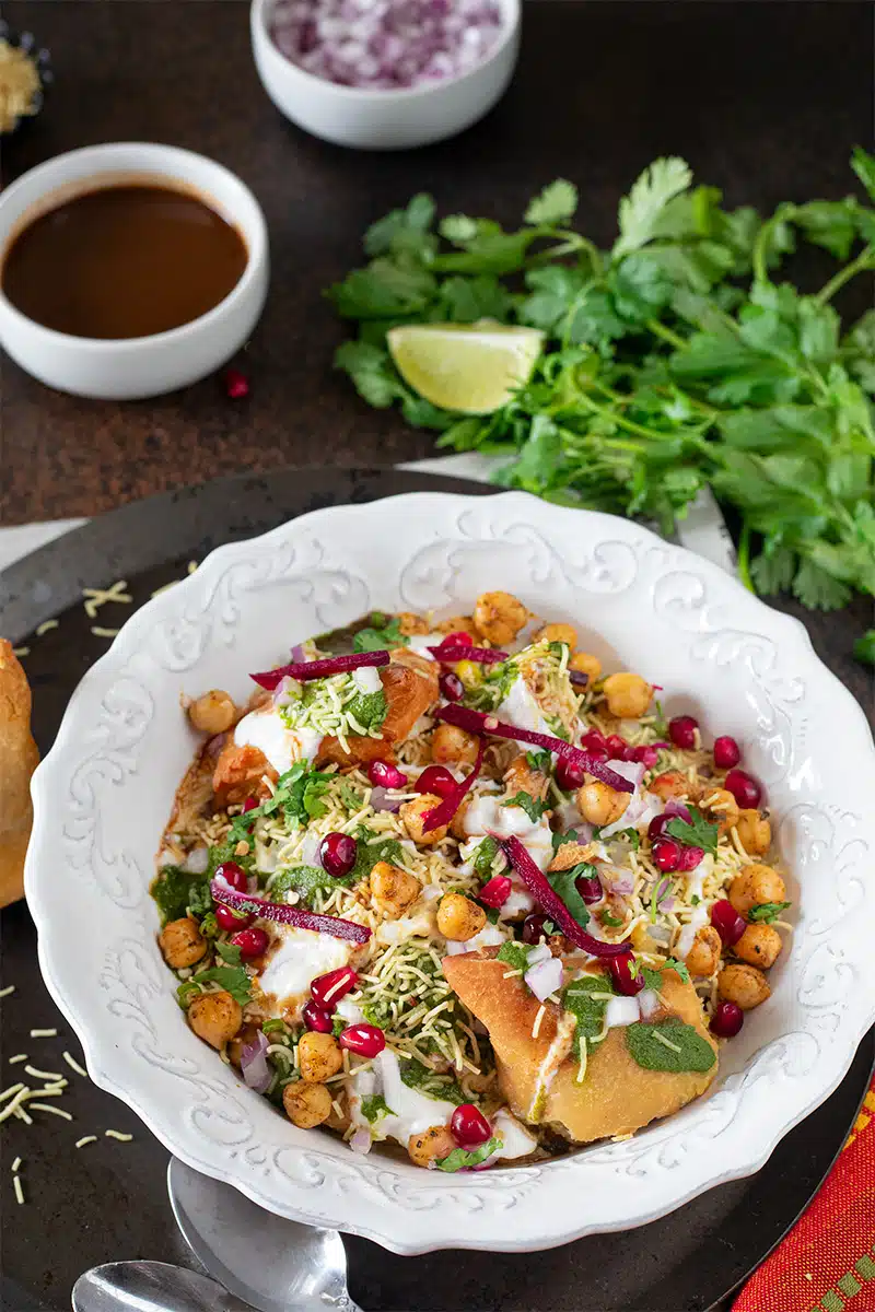Samosa Chaat served with choley and spices